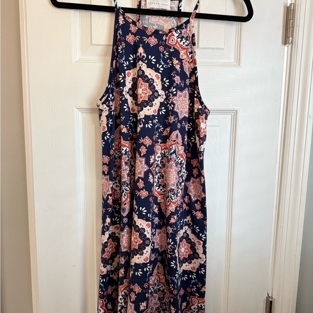 Navy and Pink Patterned Sleeveless Dress